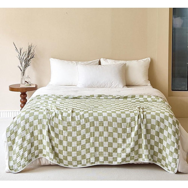 SANACYNA Muslin Blankets for Adults 100% Cotton 6-Layer Gauze Green Grid Cooling Blanket Soft Breathable King Blanket for Sofa Couch Bed Coverlet Both Sides (Green Checkerboard, King 90" X 104")