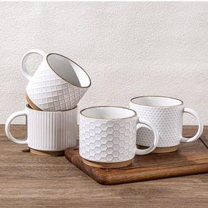 GBHOME 12OZ Stackable Coffee Mugs, Ceramic Coffee Mugs with Texture Patterns for Man,Woman,Dad,Mom, Modern Coffee Mugs Set of 4 for Latte/Cappuccino/Cocoa. Dishwasher&Microwave Safe, Off White
