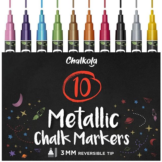 Metallic Liquid Chalk Markers Fine Tip - Dry Erase Marker Pen for Chalkboard Signs, Windows, Blackboard, Glass - 3mm Reversible Tip (10 Pack) - 50 Chalkboard Labels Included
