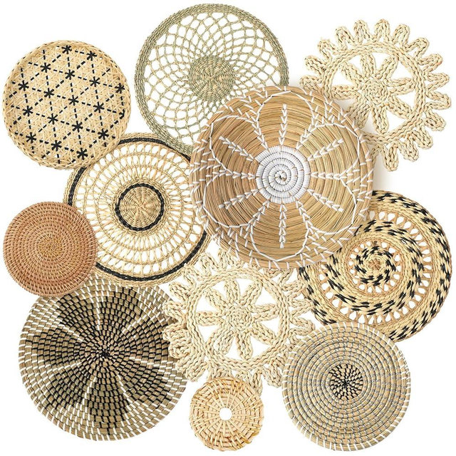 11 Pcs Boho Wall Basket Decor Decorative Bulrush Woven Basket Wall Decor Boho Wall Art Round Farmhouse Wall Hanging Baskets for Kitchen Rustic Home Christmas Decorations, Multi Sizes(Vivid)