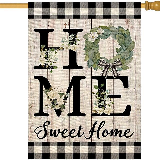 ORTIGIA Home Sweet Home Magnolia Small Garden House Flag Burlap Vertical Double Sided 28 x 40 Inch Spring Farmhouse Rustic Buffalo Check Plaid Flower Home Decor for Yard Lawn Patio Outdoor