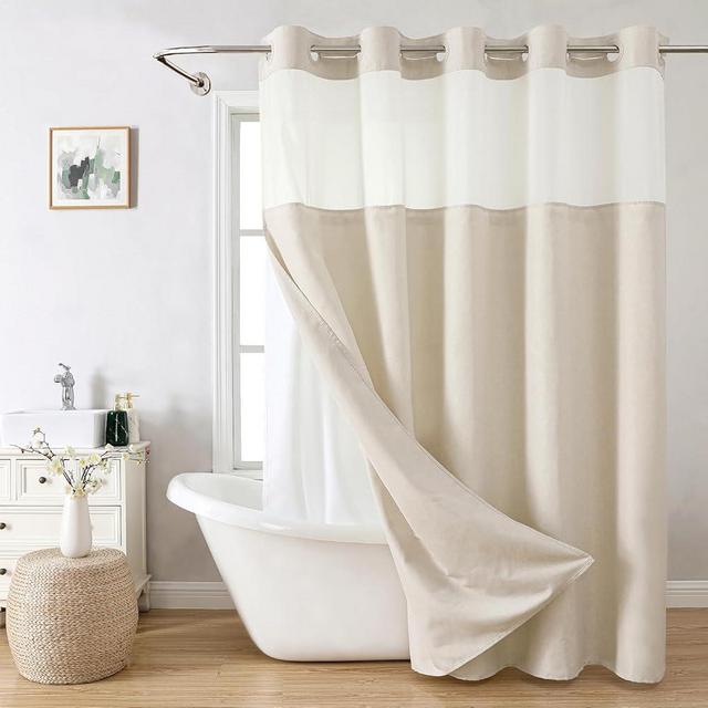 eachope Long No Hooks Needed Linen Textured Shower Curtain with Snap-in Fabric Liner Set,Cream Hotel Luxury Decor Shower Curtains for Bathroom,Waterproof & Washable,71Wx80H