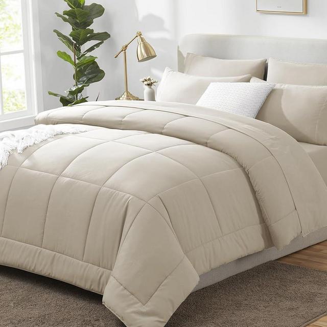 CozyLux Queen Comforter Set - 7 Pieces Bed in a Bag Set Oatmeal, Bedding Sets Queen with All Season Quilted Comforter, Flat Sheet, Fitted Sheet, Pillowcases, Oatmeal, Queen