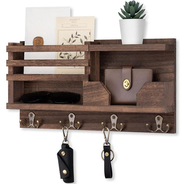 Lwenki Mail and Key Holder for Wall – Decorative 15.9” x 8.7” x 3.2” Entryway Organizer with Shelf – Paulownia Wood with 4 Dual Hooks Includes Mounting Hardware and Installation Guide