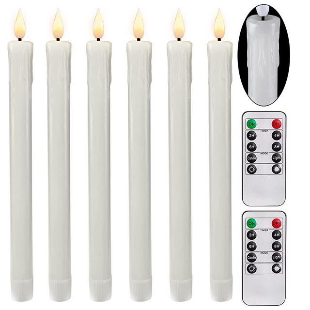 Homemory LED Flameless Taper Candles with Timer, Dripless Real Wax Battery Operated Window Candles with 3D Flickering Flame, 9.6 Inches White Flameless Candlesticks for Fireplace Christmas Halloween