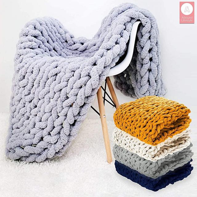 Abound Kingsize Chunky Knit Blanket - Beautiful Home Decor Throw - Soft Chenille Yarn - Couch, Bed, Chair, Pet Mat, Baby Blanket, Gift - Machine Washable [50"x60", Navy, Grey Blue, Beige, Yellow]