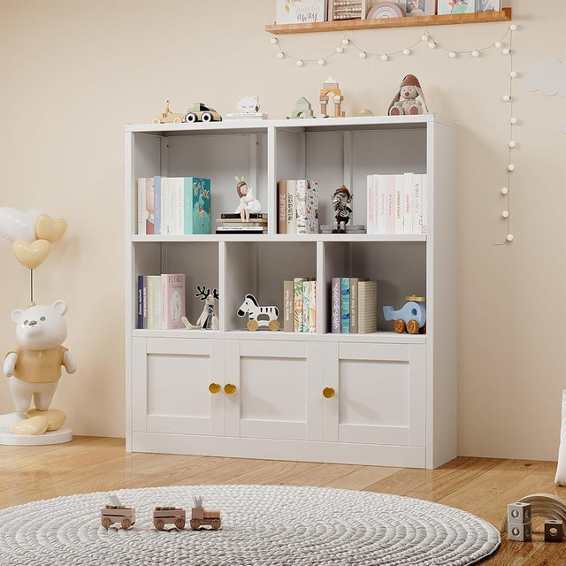 erosoei Metal Kids Bookshelf with 3 Storage Cabinet and 5 Open Cubbies，Kids Toys Storage Organizer Shelf with Corner Guard，Multifunctional Toy Book Shelf for Playroom and Kid's Room（White）