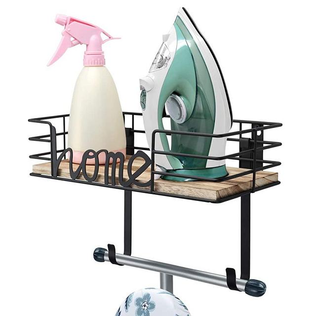 TJ.MOREE Ironing Board Hanger - Laundry Room Iron and Ironing Board Holder, Metal Wall Mount with Large Storage Wooden Base Basket and Removable Hooks (Black)