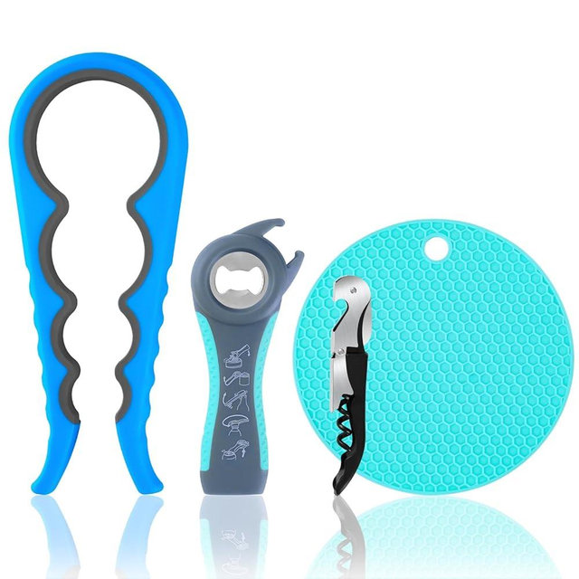 Bloss Anti-skid Jar Opener Can Opener Kitchen Grippers, 4 in 1 Multi Function Bottle Opener Lid Opener for Seniors with Arthritis, Caps and Bottles Kitchen Gadgets For Small Hands or Seniors, Blue