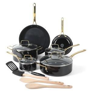 Martha Stewart Lockton 14 Piece Premium Non-Stick Heavy-Gauge Aluminum Cookware Combo Set (Pots, Pans, and Tools) - Black w/Gold Handles