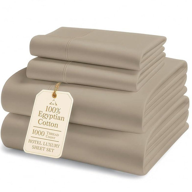 100% Egyptian Cotton Sheet Set Queen Size – 1000 Thread Count Silky Sateen Weave Queen Sheet Set for Good Sleep Comfort, 15" Snug Fit Deep Pocket, Breathable, Hotel-Quality Luxury You Can Feel - Taupe