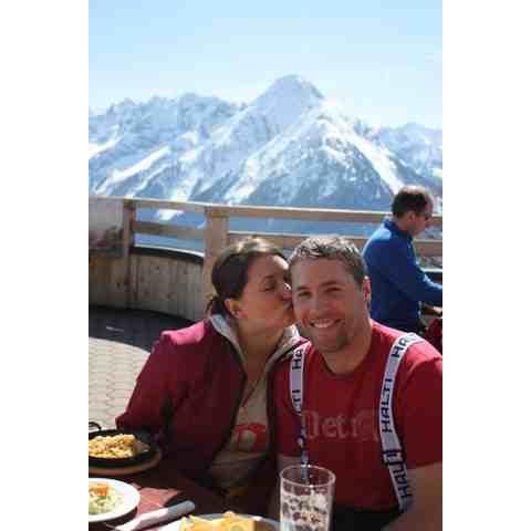 First lunch on the top of the mountains in Austria, Tilly and Linda keeping our feet warm