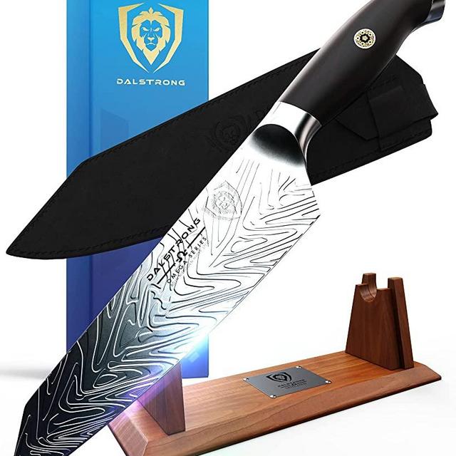 DALSTRONG Kiritsuke Chef Knife - 8.5 inch - Omega Series - American BD1N-VX Hyper Steel Kitchen Knife - Razor Sharp Knife - Acacia Wood Display Stand - Cooking Knife - Collection Set - Leather Sheath