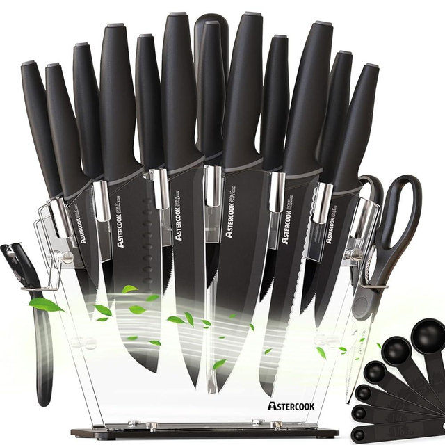 Astercook Knife Set, Kitchen Knives with Block and Sharpener 22 Pcs German Stainless Steel Knives Sharp Blade Dishwasher Safe Knife Set with Anti-slip Ergonomic Handle, Elegant Black