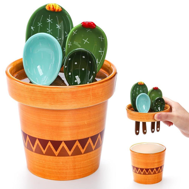 Coloch 5Pcs Ceramic Measuring Spoons and Cup, Cactus Shape Baking Measuring Spoons in Pot Decorative Cactus Figurine Measuring Spoons Set for Baking, Milk, Sugar, Salt, 1/4 tsp, 1/2 tsp, 1 tsp, 1 Tbsp