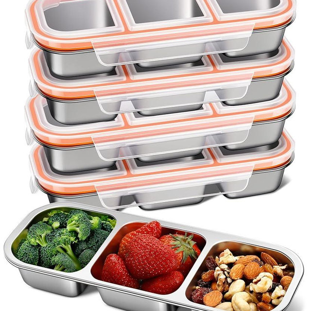 5 Pack Stainless Steel Snack Containers for Kids & Adults - Leek Proof Metal Bento Lunch Box with 3 Compartment - Lunchable Containers for Daycare, School, Work, Travel - Stackable Bento Snack Box