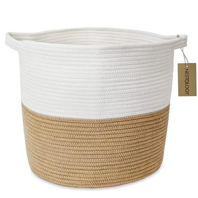 NESTOLOGY Large Cotton Woven Rope Basket and Laundry Hamper for Nursery Storage & Organization​. White, Beige, and Jute. 16"x14". 100% Organic Cotton Bin with Handles