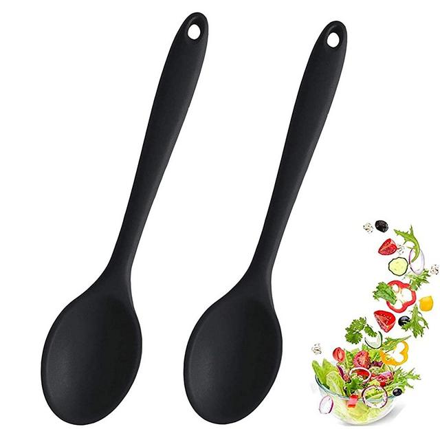 2 Pcs Silicone Spoons for Cooking Heat Resistant, Hygienic Design Cooking Utensi Mixing Spoons for Kitchen Cooking Baking Stirring Mixing Tools(Black)