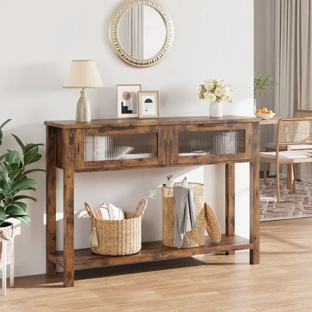 43 Inch Entryway Table, Wood Console Table with 2 Glass Drawers, 2 Tier Sofa Table with Storage for Living Room, Foyer Tables for Entryway-Vintage
