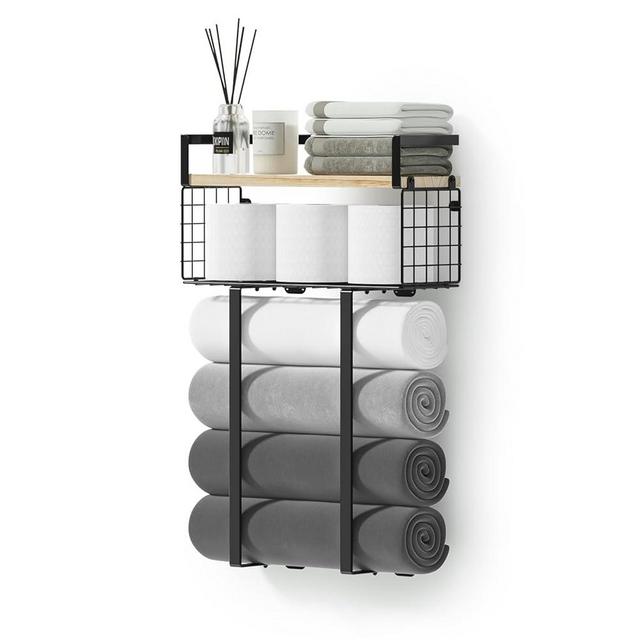 Xstydes Towel Racks for Bathroom, Metal Towel Holder with Storage Basket,Wall Towel Rack for Rolled Towels, Towel Storage for Small Bathroom,Bathroom Shelves.