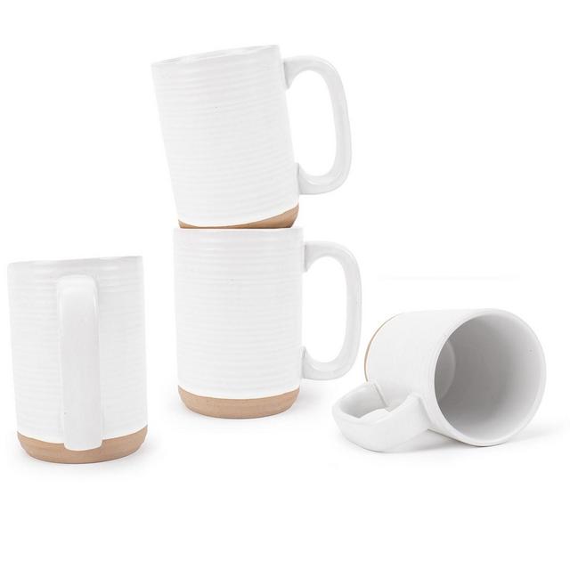 Elanze Designs Tall Ribbed Raw Clay Bottom White 16 ounce Ceramic Coffee Mugs Set of 4