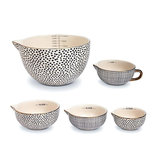 TnLoji 5-Piece Ceramic Mixing Bowl Set - Dot Pattern Nesting Bowls with Spouts & Handles, Includes Measuring Cups, Non-Slip Bases for Baking & Food Prep
