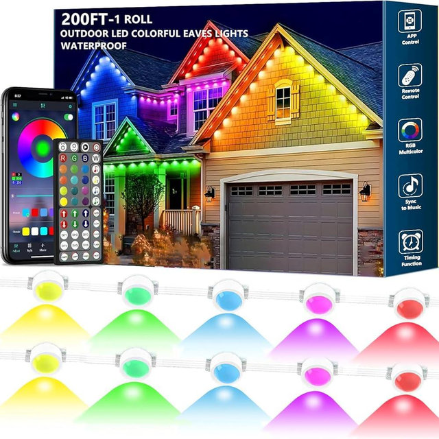 Sxlofty 200FT Permanent Outdoor RGB Lights,IP67 Waterproof Smart LED Eaves Lights with App/Remote Control,for Christmas and All Holiday Decor,Daily and Accent Lighting,House Roof and Garden Lighting