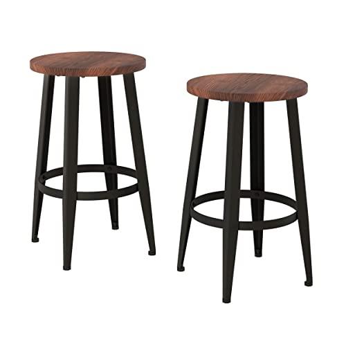 Counter Height Stools-Backless Seating for Kitchen or Dining Room-Metal Base, Wood Seat- Modern Farmhouse Accent Furniture by Lavish Home (Set of 2)