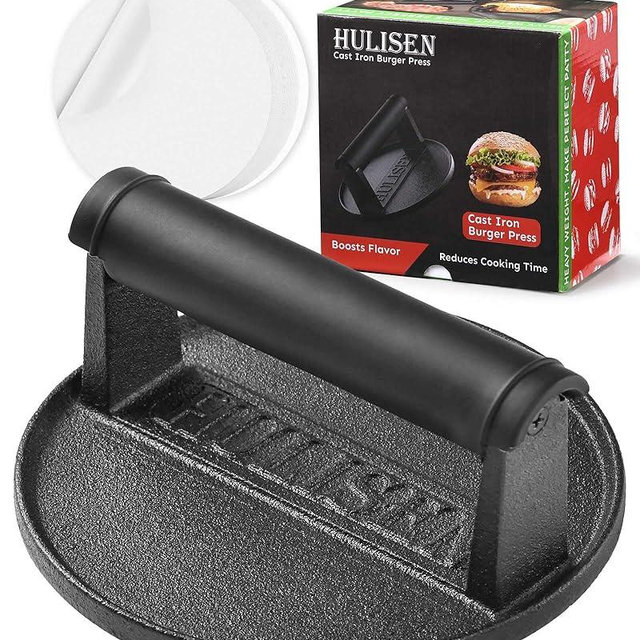 HULISEN Pre-Seasoned Cast Iron Burger Press Includes 100 Pcs Patty Paper, 2.3lb Heavy Duty 6” Burger Smasher for Griddle with Heat Resistant Handle, Grill Press for Hamburger, Bacon, Meat