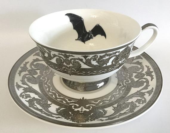 Bats! Stunning Raised Silver Bat Teacup and Saucer Set (8 Ounces), Food- and Dishwasher Safe