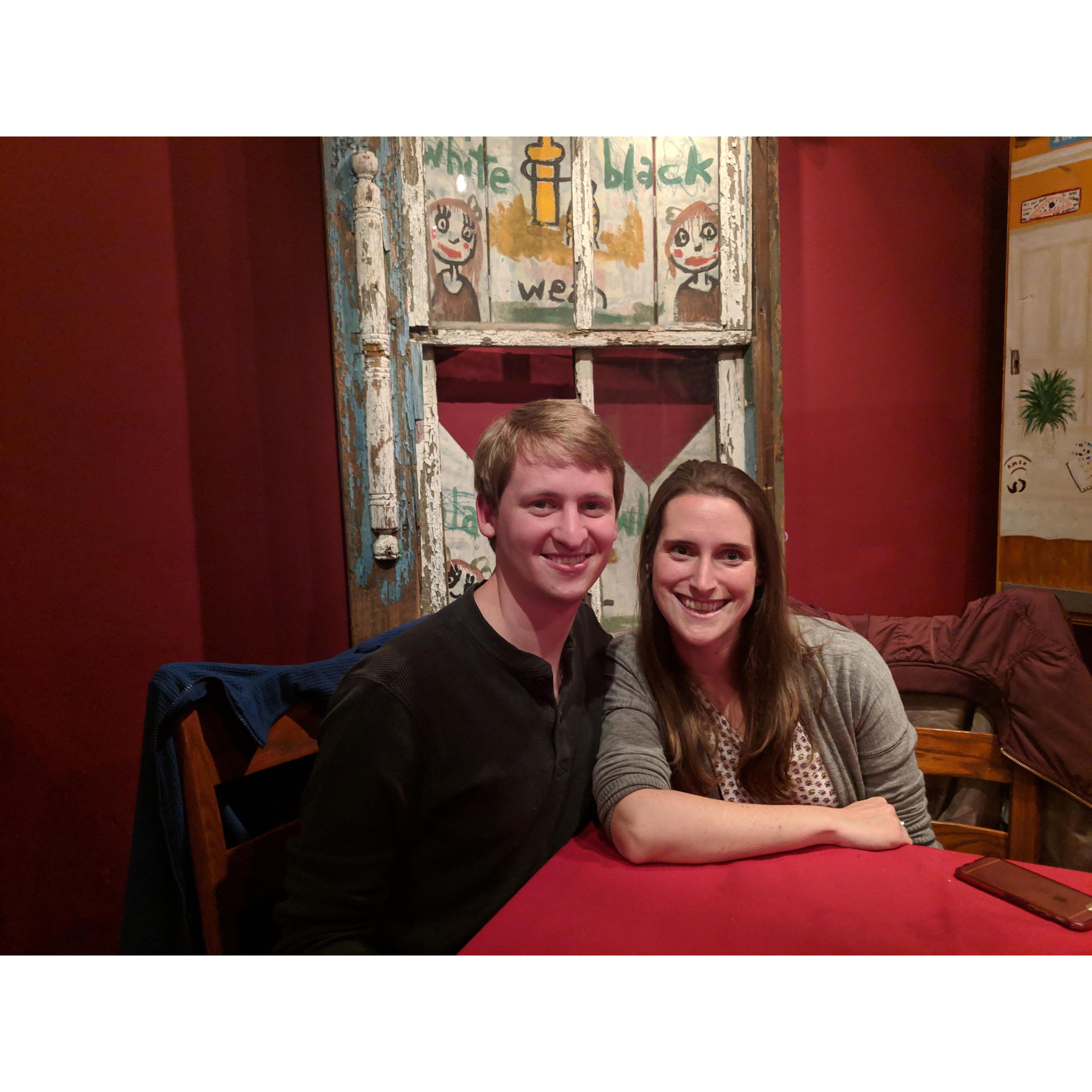 October 2018. Our first photo, taken by a table of women at NOLA in Palo Alto who said we looked "like a cute couple." I think this was our third date!