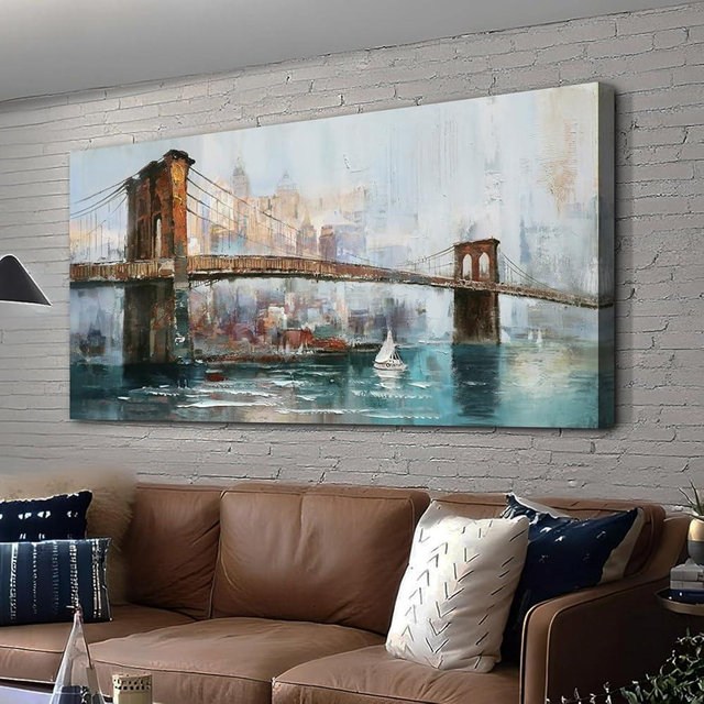Acocifi Large Canvas Art Brooklyn Bridge Wall Art for Living Room New York Skyline Painting Abstract Cityscape Picture Brown Grey Textured Artwork Framed for Bedroom Men Office Home Decor 58"x29"