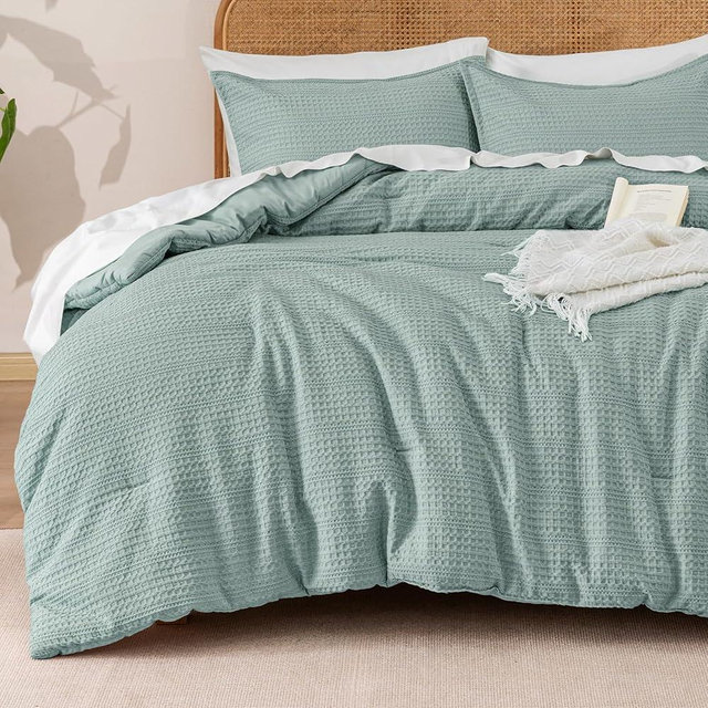 PHF Soft Waffle Comforter Set Queen Size- Comfy Breathable Waffle Weave Comforter with 2 Pillow Shams, 3 Pieces Less Snagging Lightweight Textured Bedding Set for All Season, Dusty Blue