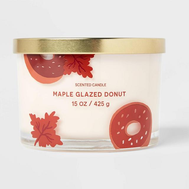 15oz Lidded Glass Jar Cream Donut Print 3-Wick Maple Glazed Donut Candle - Opalhouse™