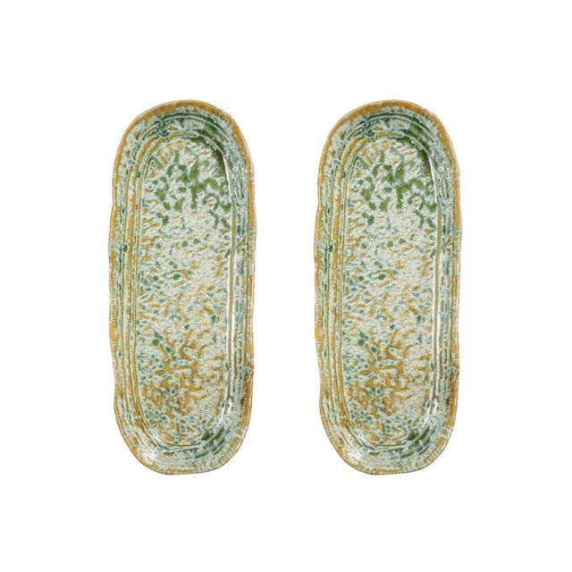 Creative Co-Op Stoneware Platter, Green Reactive Crackle Glaze, 12.75x5.25in, Set of 2