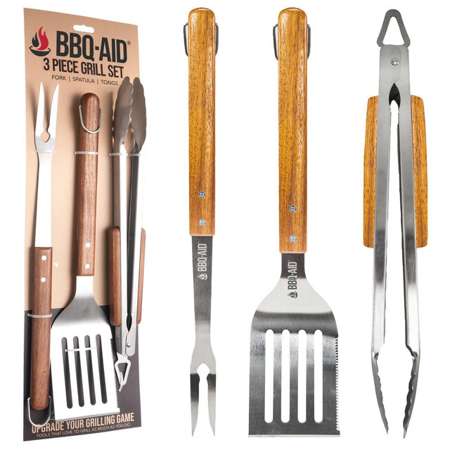 BBQ-AID 3 Piece BBQ Grill Set - Kitchen Tongs, Metal Spatula & Fork Utensils - Heavy Duty Stainless Steel Barbecue Grill Utensils