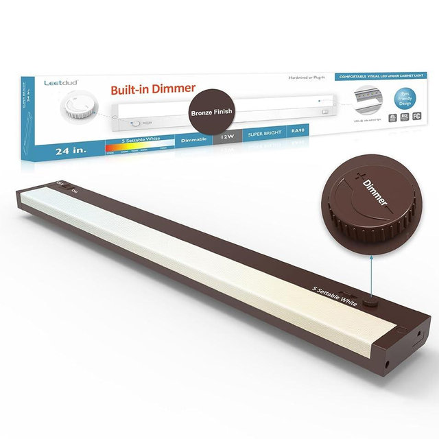 Leetdud Under Cabinet Lighting Plug in or Hardwired Built-in Dimmer, 24 Inch 12W, 5CCT 2700/3000/3500/4000/5000K, Linkable Counter Lights for Kitchen, ETL Dimmable LED Light Fixture, Bronze