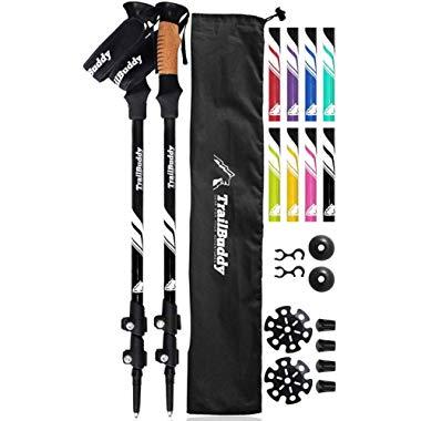 TrailBuddy Trekking Poles - 2-pc Pack Adjustable Hiking or Walking Sticks - Strong, Lightweight Aluminum 7075 - Quick Adjust Flip-Lock - Cork Grip, Padded Strap