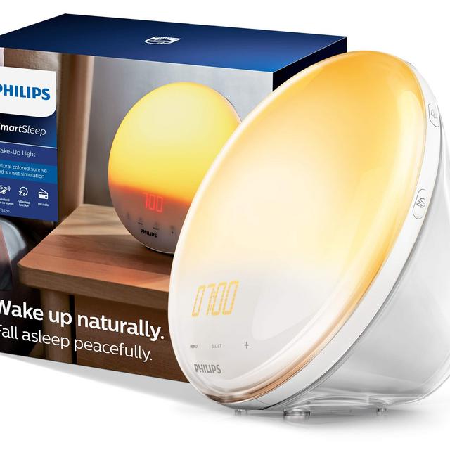 Philips SmartSleep Wake-up Light, Colored Sunrise and Sunset Simulation, 5 Natural Sounds, FM Radio Reading Lamp, Tap Snooze, HF3520/60, White