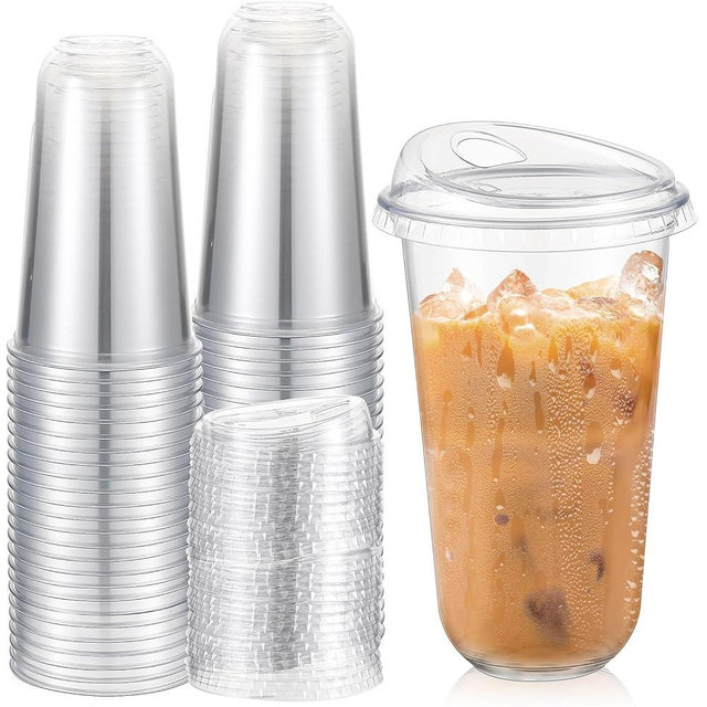 Ziliny 50 Sets Clear Plastic Coffee Cups with Sip Lids, Disposable Plastic PET Crystal Cups for Iced Coffee, Smoothie, Cold Beverage, Drink Shops and Party Catering(Clear,18 oz)