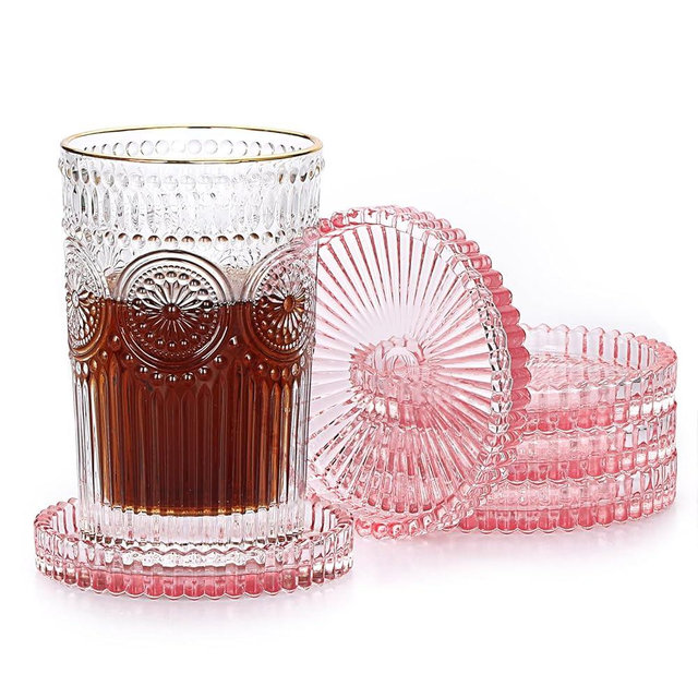 JUXYES 5 Pack Amber Tone Crystal Coasters Round Cup Mat, Glass Coasters for Drinks Coffee Tea Wine, Decorative Wine Bottle Coaster, Crystal Drink Coaster for Restaurant bar Kitchen Dining Table