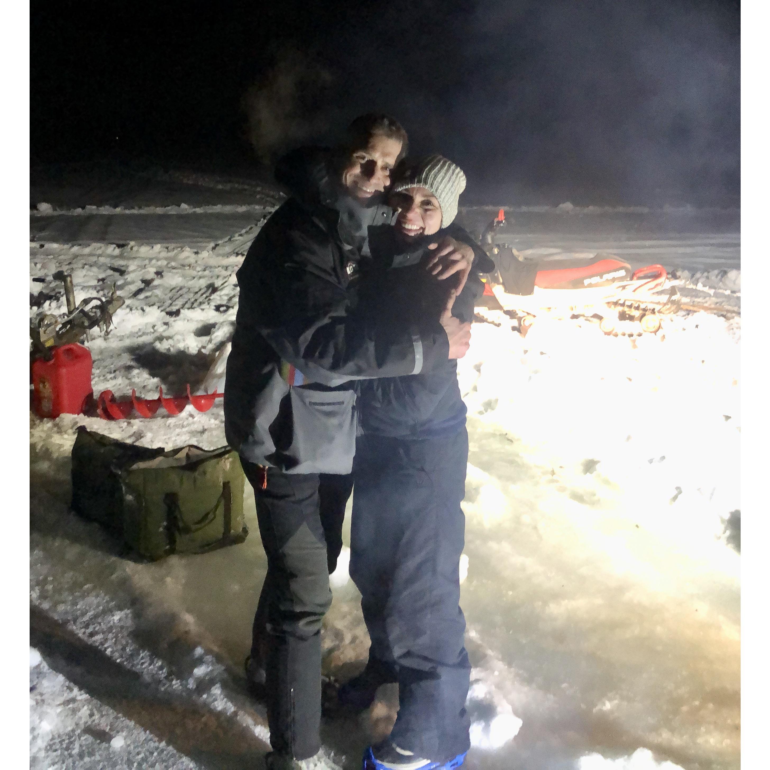 we love ice fishing, especially with our lake friends and having fires on the ice!