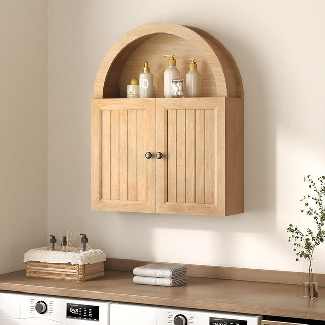 UPOSOJA Arched Bathroom Wall Cabinet, 20.3 x 30.5'' Over The Toilet Cabinet with Grille Door, Adjustable Shelf, Wall Mounted Cabinets for Bathroom Laundry Room Kitchen (Oak, 30IN)