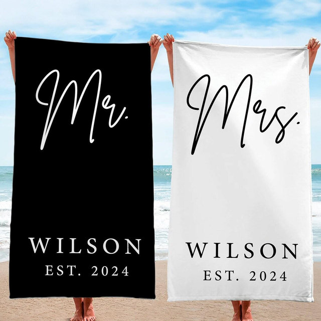 Mr. and Mrs. Beach Towels, Bride Personalized Beach Towel, Couple Pool Towel, Wedding Newlywed Honeymoon Gift, Groom Gift Beach Bachelorette