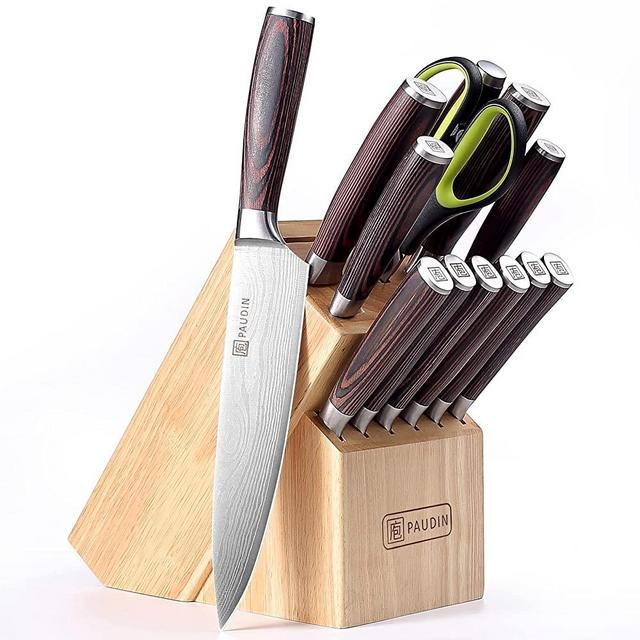 PAUDIN Kitchen Knife Block Set, 14 Pieces Knife Sets for Kitchen with Block, High Carbon German Stainless Steel and Pakkawood Handle Knife Set with Block, Sharp Kitchen Knife Sets with Block