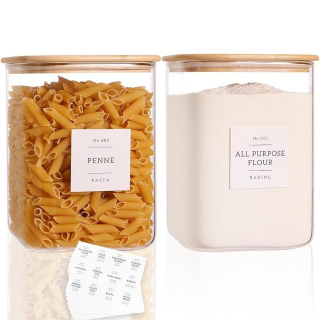 2 Pack Square Glass Flour and Sugar Containers with 132 Kitchen Pantry Labels - Thicken 120 FL OZ Large Glass Storage Jars with Airtight Bamboo Lid - Big Food Canisters for Cookies, Rice, Coffee