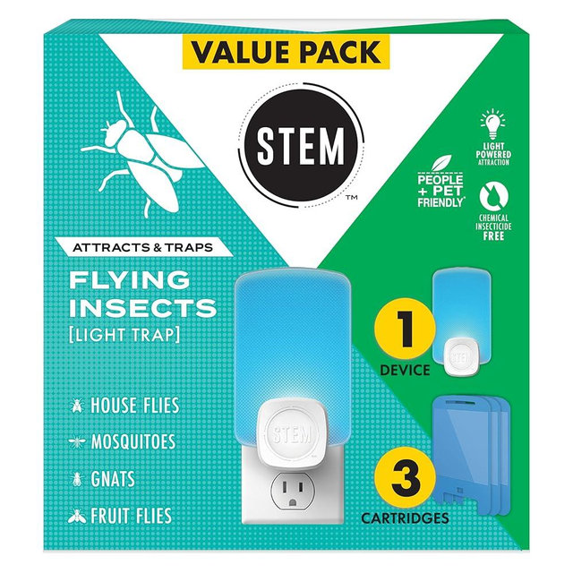 STEM Insect Trap - Indoor Fruit Fly & Gnat Pest Control for House, Home and Kitchen, Attracts & Traps Flying Bugs, Soft Blue Light - Includes 1 Plug-in Device & 3 Cartridges