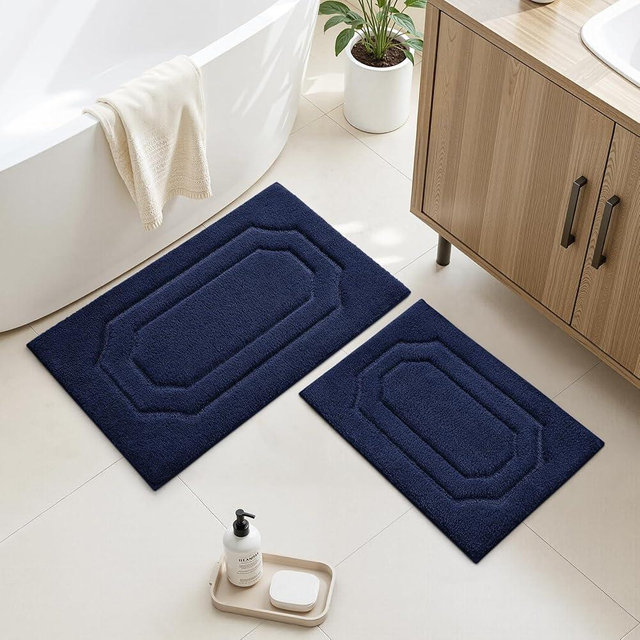 HOMEIDEAS Navy Blue Bathroom Rugs, Extra Soft and Absorbent Microfiber Plush Bath Rugs Sets 2 Piece with Non Slip Backing, for Shower