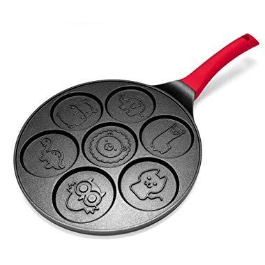 Pancake Maker - Non-stick Pancake Pan Griddle 10 Inch Grill Pan Mini Crepe Maker 7-Mold Pancakes with Silicon Handle, Black Animal