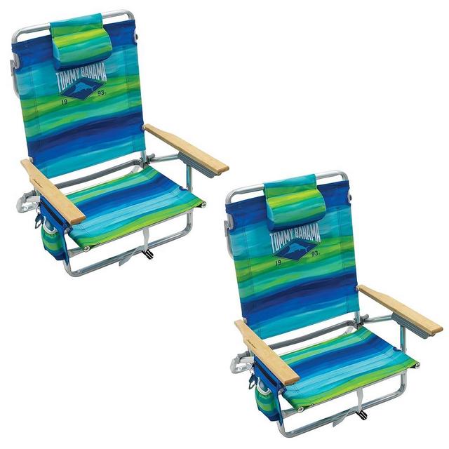 Tommy Bahama 2-Pack 5-Position Classic Lay Flat Backpack Beach Chair with Cooler and Cup Holder, Portable Folding Beach Chair for Tanning, Blue/Green